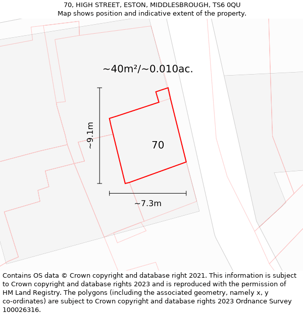 70, HIGH STREET, ESTON, MIDDLESBROUGH, TS6 0QU: Plot and title map