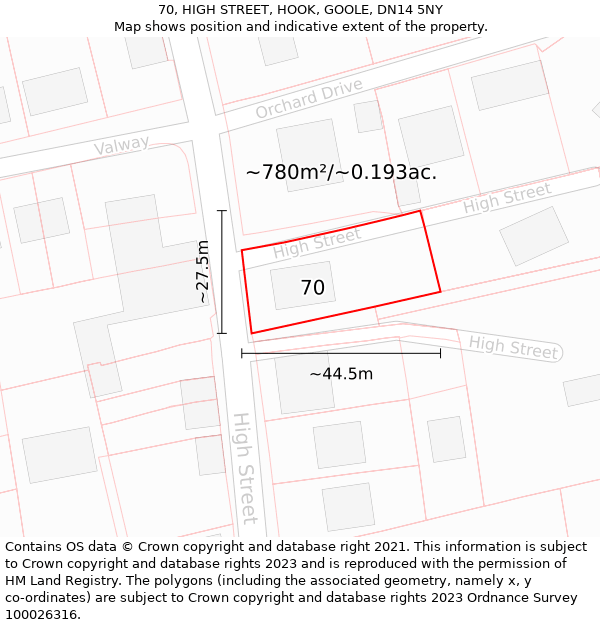 70, HIGH STREET, HOOK, GOOLE, DN14 5NY: Plot and title map