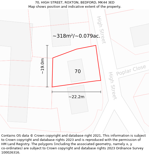 70, HIGH STREET, ROXTON, BEDFORD, MK44 3ED: Plot and title map