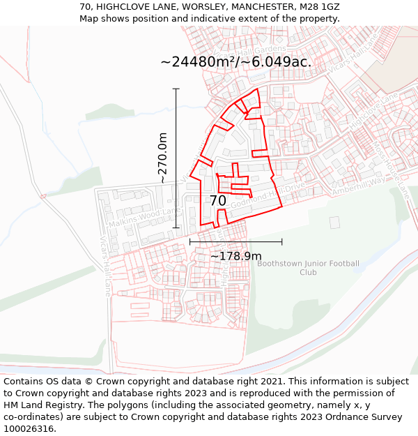 70, HIGHCLOVE LANE, WORSLEY, MANCHESTER, M28 1GZ: Plot and title map