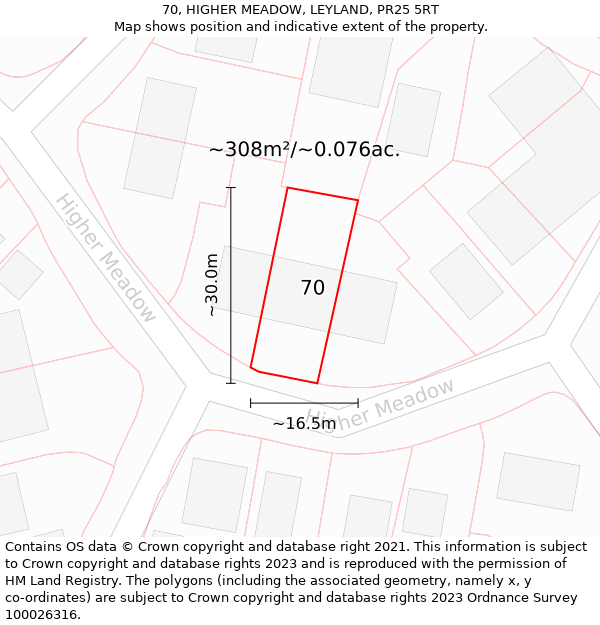 70, HIGHER MEADOW, LEYLAND, PR25 5RT: Plot and title map