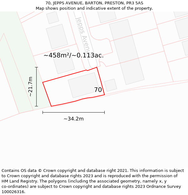 70, JEPPS AVENUE, BARTON, PRESTON, PR3 5AS: Plot and title map