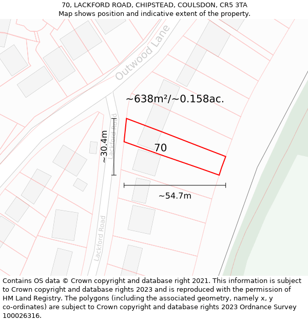 70, LACKFORD ROAD, CHIPSTEAD, COULSDON, CR5 3TA: Plot and title map