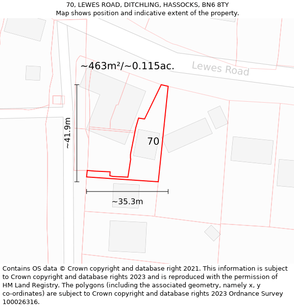 70, LEWES ROAD, DITCHLING, HASSOCKS, BN6 8TY: Plot and title map