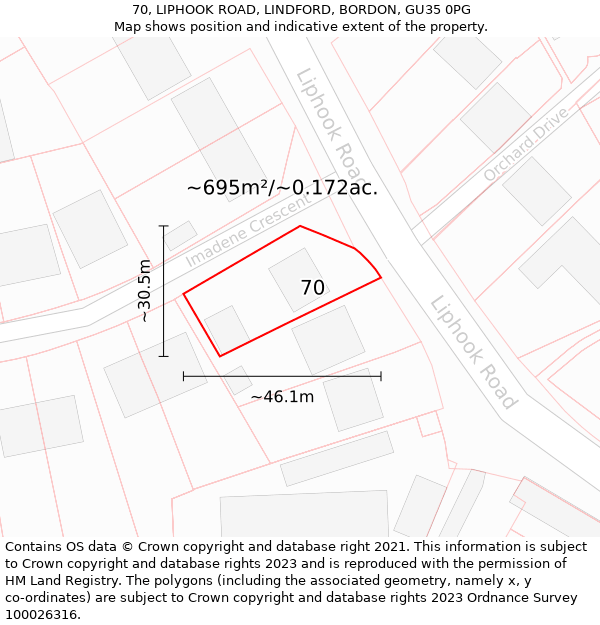 70, LIPHOOK ROAD, LINDFORD, BORDON, GU35 0PG: Plot and title map