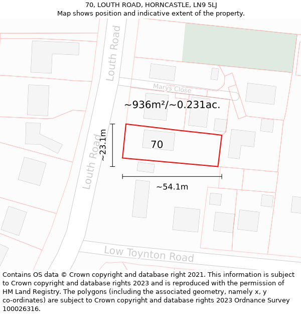 70, LOUTH ROAD, HORNCASTLE, LN9 5LJ: Plot and title map