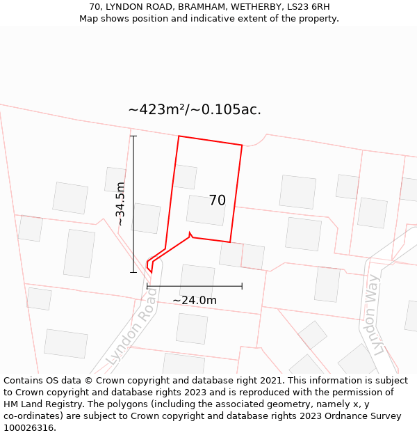 70, LYNDON ROAD, BRAMHAM, WETHERBY, LS23 6RH: Plot and title map