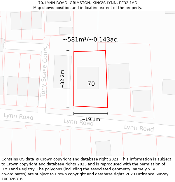 70, LYNN ROAD, GRIMSTON, KING'S LYNN, PE32 1AD: Plot and title map