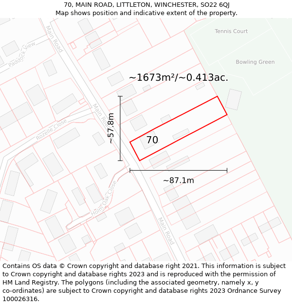 70, MAIN ROAD, LITTLETON, WINCHESTER, SO22 6QJ: Plot and title map