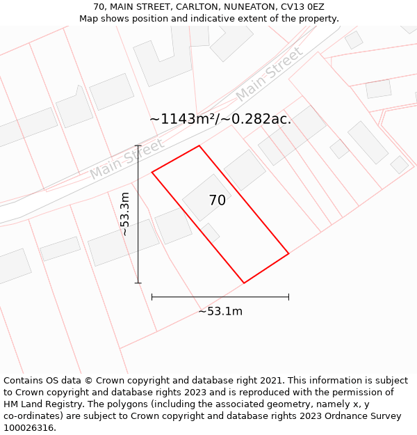 70, MAIN STREET, CARLTON, NUNEATON, CV13 0EZ: Plot and title map