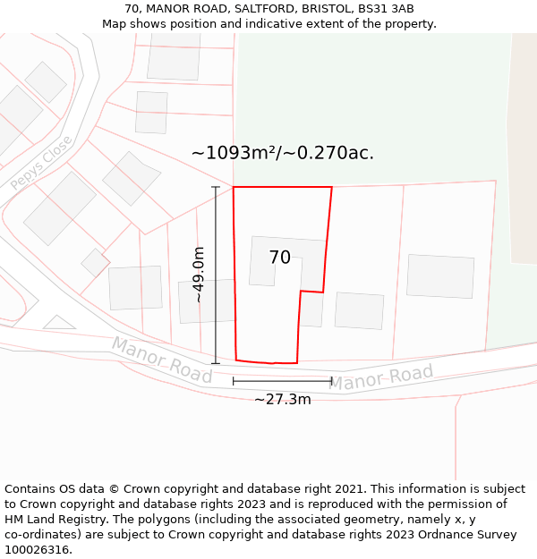 70, MANOR ROAD, SALTFORD, BRISTOL, BS31 3AB: Plot and title map