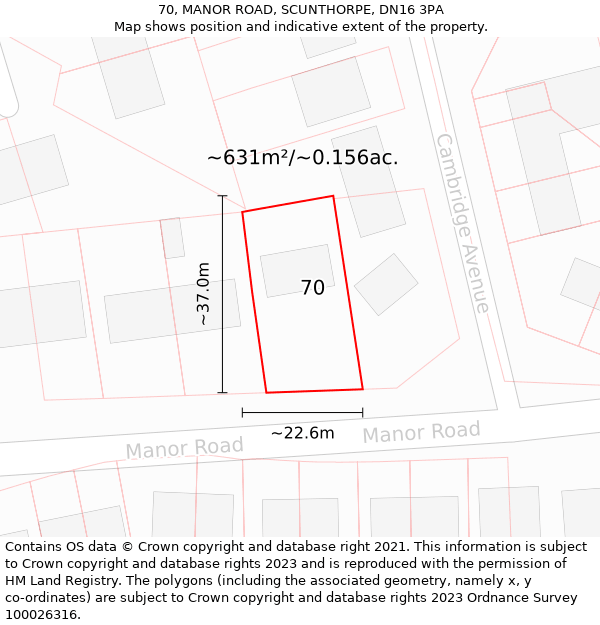 70, MANOR ROAD, SCUNTHORPE, DN16 3PA: Plot and title map