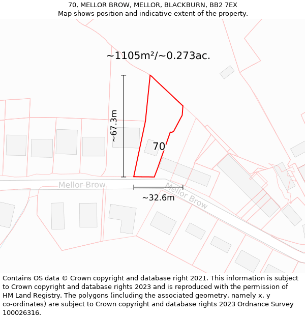 70, MELLOR BROW, MELLOR, BLACKBURN, BB2 7EX: Plot and title map