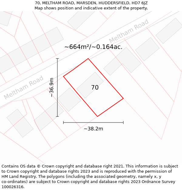 70, MELTHAM ROAD, MARSDEN, HUDDERSFIELD, HD7 6JZ: Plot and title map