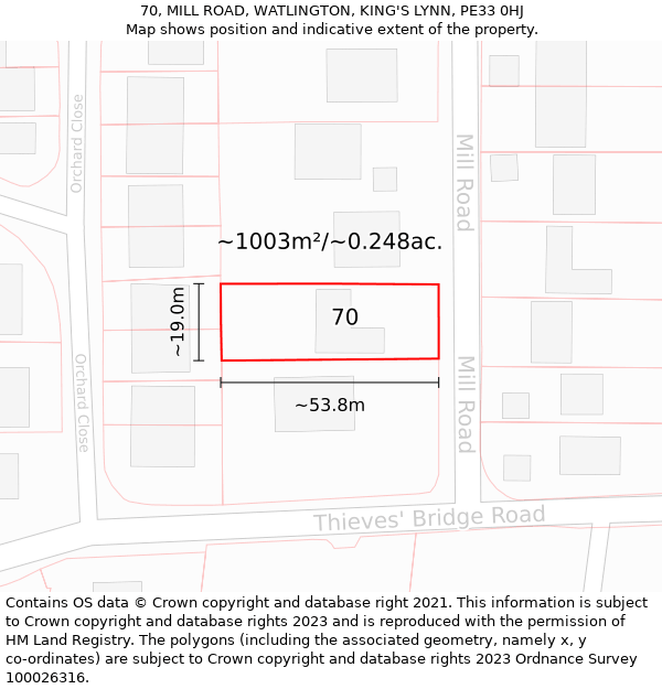 70, MILL ROAD, WATLINGTON, KING'S LYNN, PE33 0HJ: Plot and title map