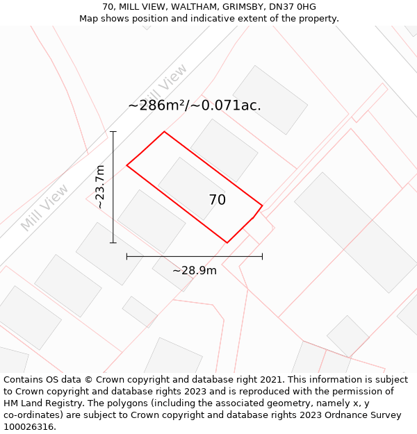 70, MILL VIEW, WALTHAM, GRIMSBY, DN37 0HG: Plot and title map