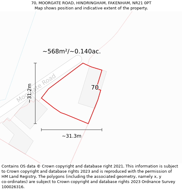 70, MOORGATE ROAD, HINDRINGHAM, FAKENHAM, NR21 0PT: Plot and title map