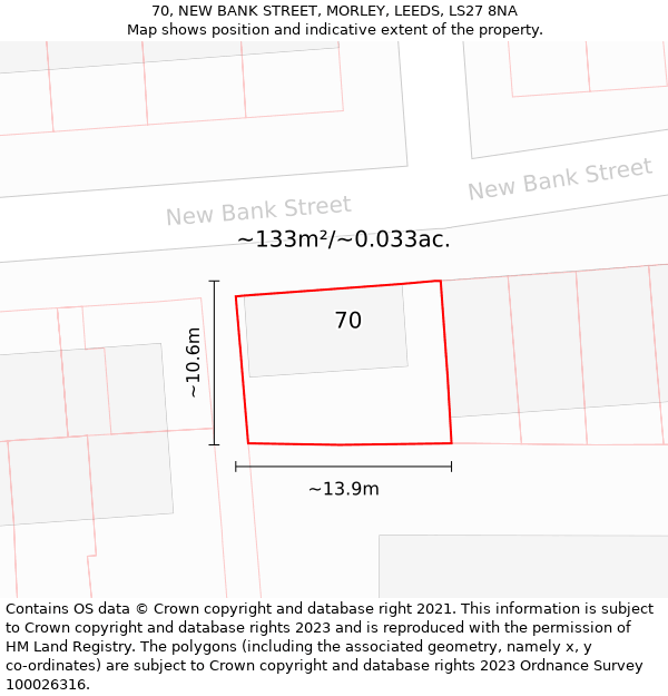 70, NEW BANK STREET, MORLEY, LEEDS, LS27 8NA: Plot and title map