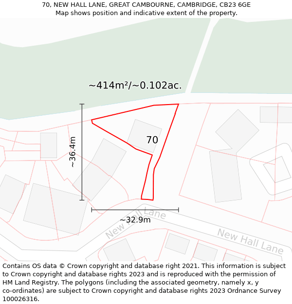 70, NEW HALL LANE, GREAT CAMBOURNE, CAMBRIDGE, CB23 6GE: Plot and title map