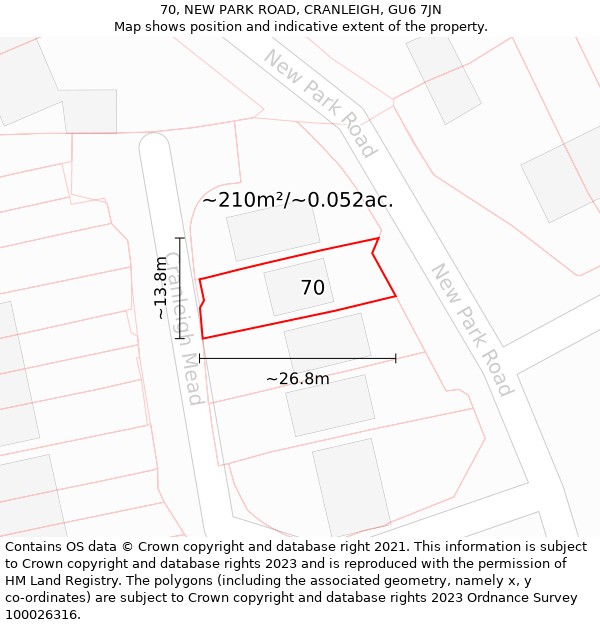 70, NEW PARK ROAD, CRANLEIGH, GU6 7JN: Plot and title map