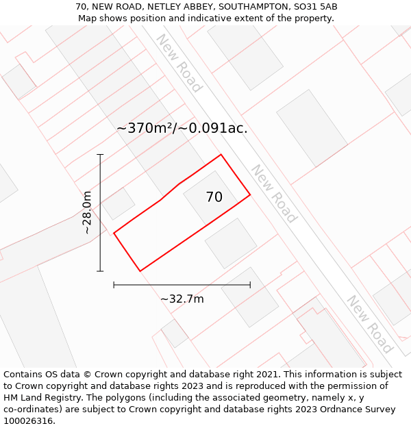 70, NEW ROAD, NETLEY ABBEY, SOUTHAMPTON, SO31 5AB: Plot and title map