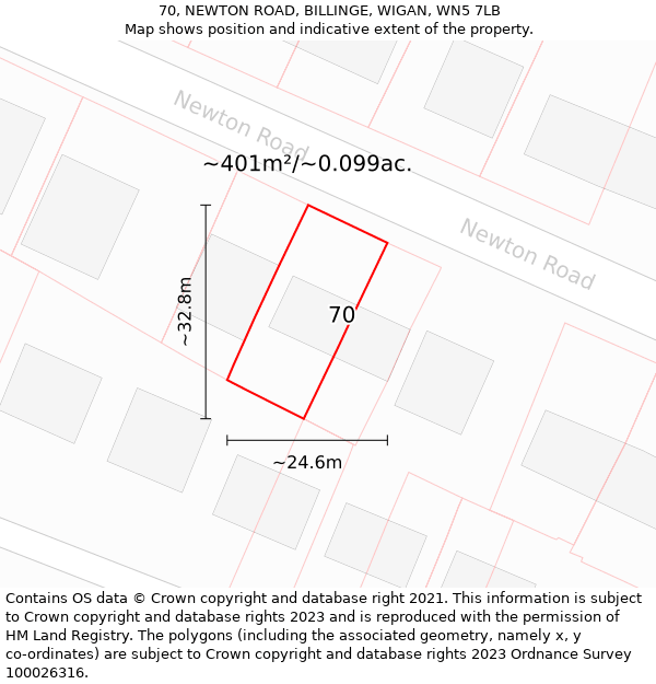 70, NEWTON ROAD, BILLINGE, WIGAN, WN5 7LB: Plot and title map