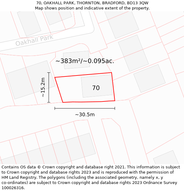 70, OAKHALL PARK, THORNTON, BRADFORD, BD13 3QW: Plot and title map