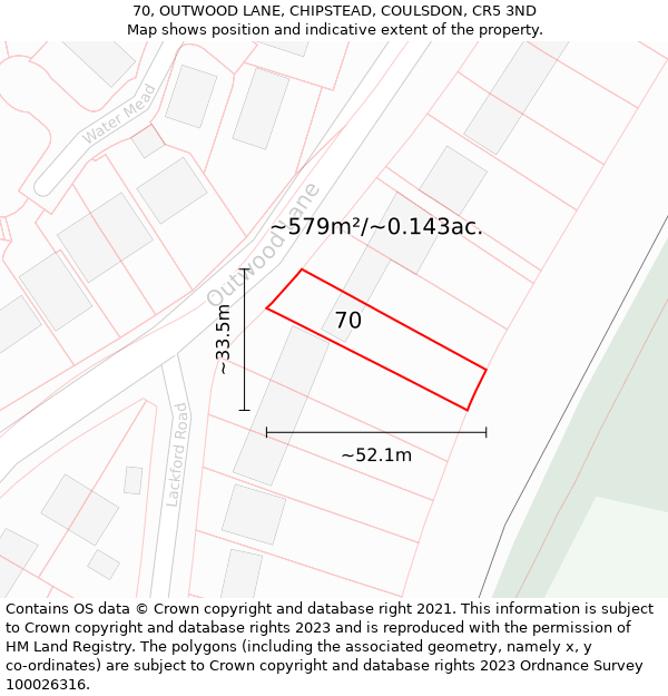 70, OUTWOOD LANE, CHIPSTEAD, COULSDON, CR5 3ND: Plot and title map