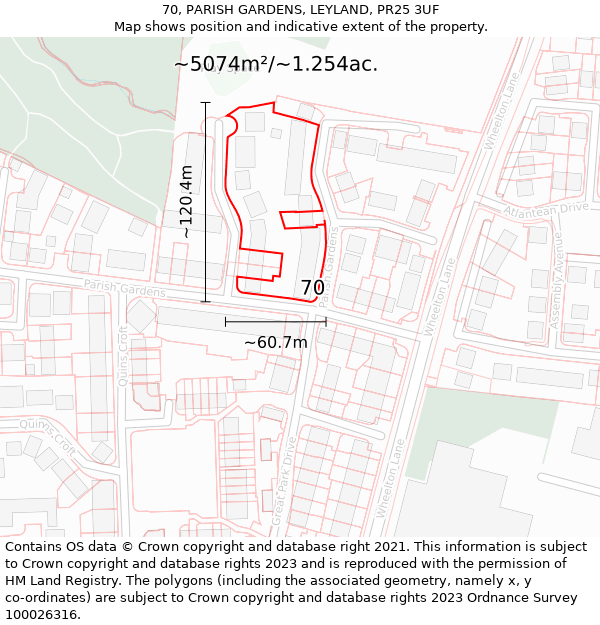 70, PARISH GARDENS, LEYLAND, PR25 3UF: Plot and title map