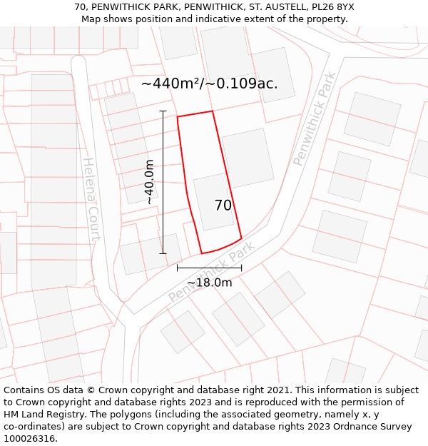 70, PENWITHICK PARK, PENWITHICK, ST. AUSTELL, PL26 8YX: Plot and title map