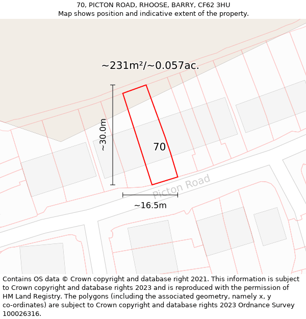 70, PICTON ROAD, RHOOSE, BARRY, CF62 3HU: Plot and title map