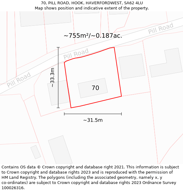 70, PILL ROAD, HOOK, HAVERFORDWEST, SA62 4LU: Plot and title map