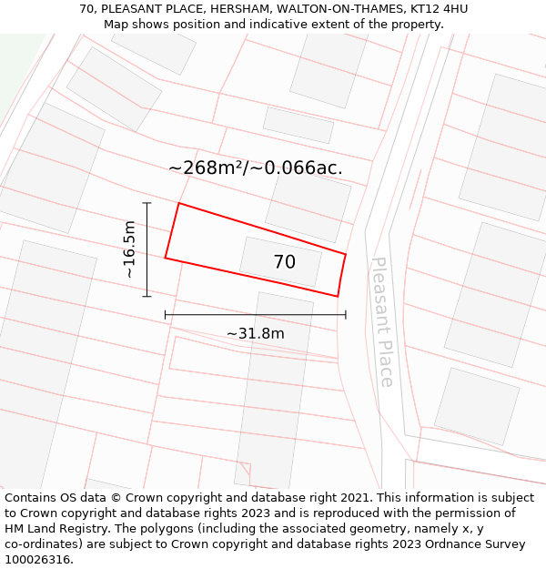 70, PLEASANT PLACE, HERSHAM, WALTON-ON-THAMES, KT12 4HU: Plot and title map