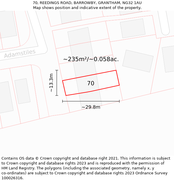 70, REEDINGS ROAD, BARROWBY, GRANTHAM, NG32 1AU: Plot and title map