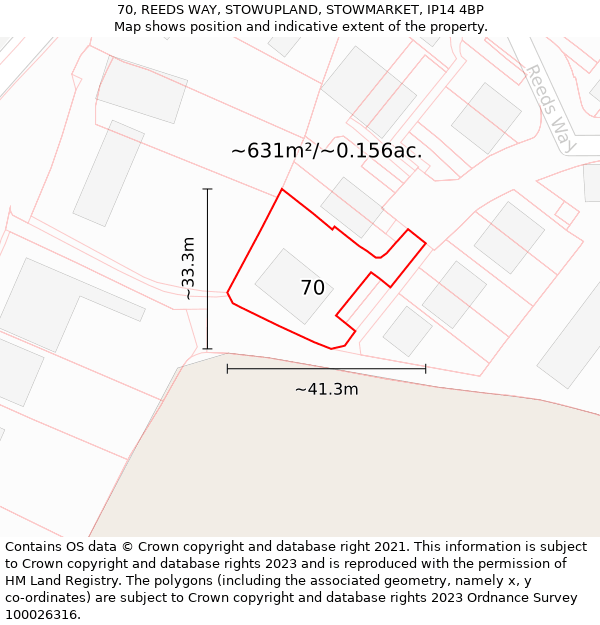 70, REEDS WAY, STOWUPLAND, STOWMARKET, IP14 4BP: Plot and title map