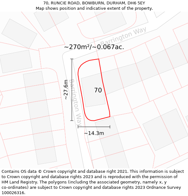 70, RUNCIE ROAD, BOWBURN, DURHAM, DH6 5EY: Plot and title map