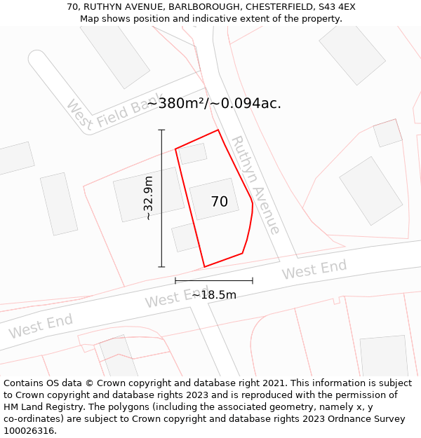 70, RUTHYN AVENUE, BARLBOROUGH, CHESTERFIELD, S43 4EX: Plot and title map