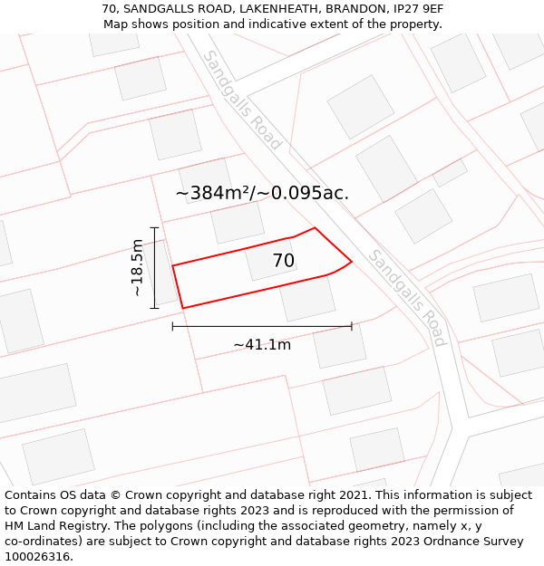 70, SANDGALLS ROAD, LAKENHEATH, BRANDON, IP27 9EF: Plot and title map