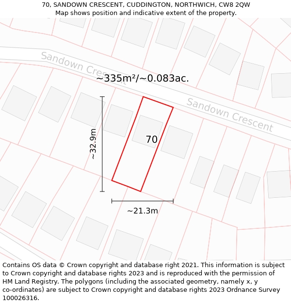 70, SANDOWN CRESCENT, CUDDINGTON, NORTHWICH, CW8 2QW: Plot and title map