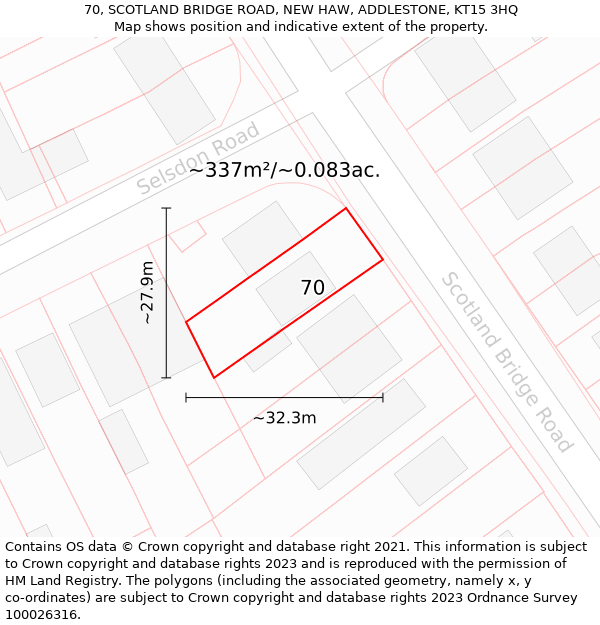 70, SCOTLAND BRIDGE ROAD, NEW HAW, ADDLESTONE, KT15 3HQ: Plot and title map