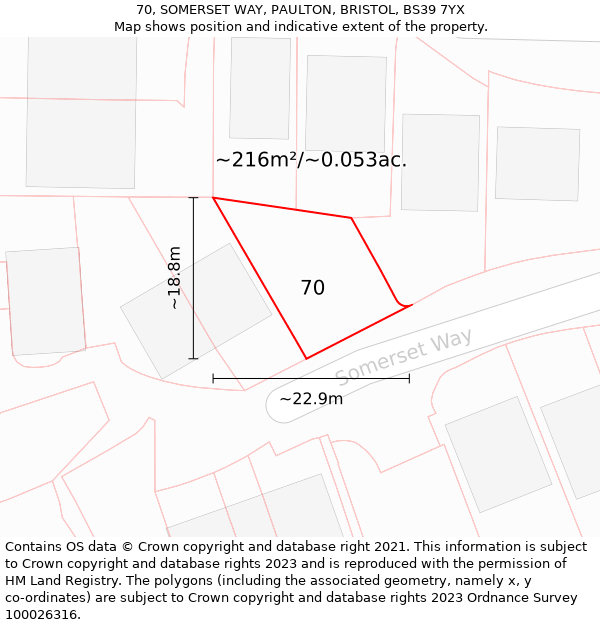 70, SOMERSET WAY, PAULTON, BRISTOL, BS39 7YX: Plot and title map