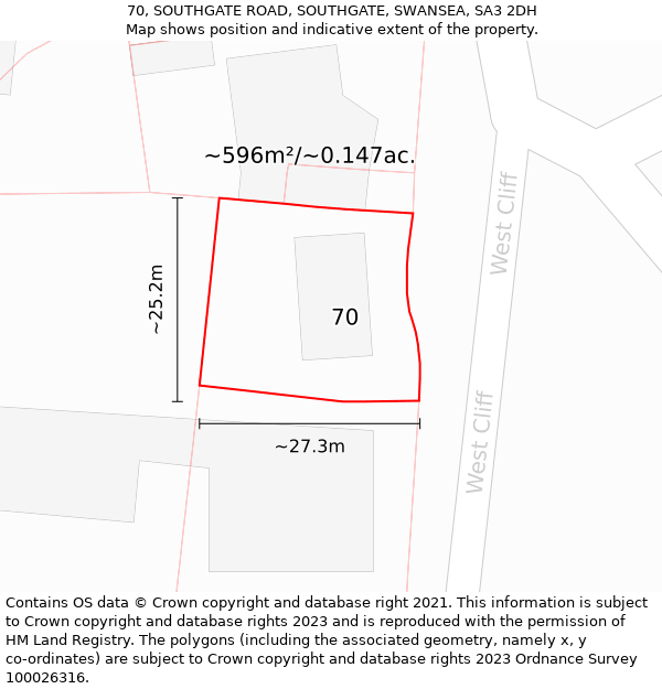 70, SOUTHGATE ROAD, SOUTHGATE, SWANSEA, SA3 2DH: Plot and title map