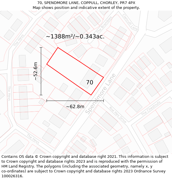 70, SPENDMORE LANE, COPPULL, CHORLEY, PR7 4PX: Plot and title map