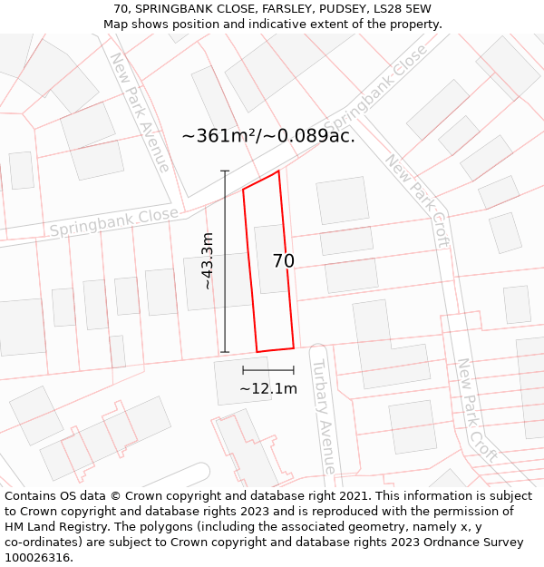 70, SPRINGBANK CLOSE, FARSLEY, PUDSEY, LS28 5EW: Plot and title map