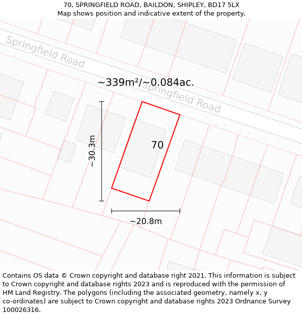 70, SPRINGFIELD ROAD, BAILDON, SHIPLEY, BD17 5LX: Plot and title map