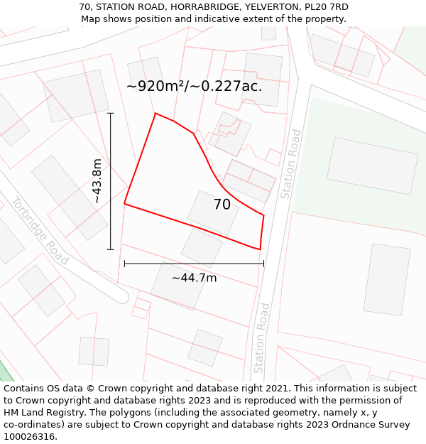 70, STATION ROAD, HORRABRIDGE, YELVERTON, PL20 7RD: Plot and title map