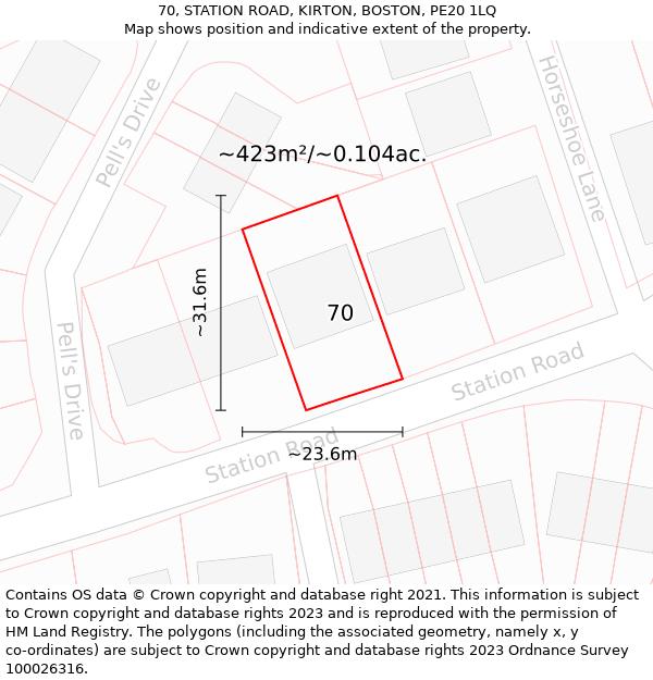 70, STATION ROAD, KIRTON, BOSTON, PE20 1LQ: Plot and title map