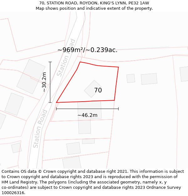 70, STATION ROAD, ROYDON, KING'S LYNN, PE32 1AW: Plot and title map