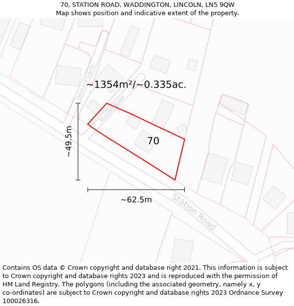 70, STATION ROAD, WADDINGTON, LINCOLN, LN5 9QW: Plot and title map