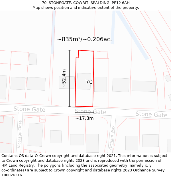 70, STONEGATE, COWBIT, SPALDING, PE12 6AH: Plot and title map